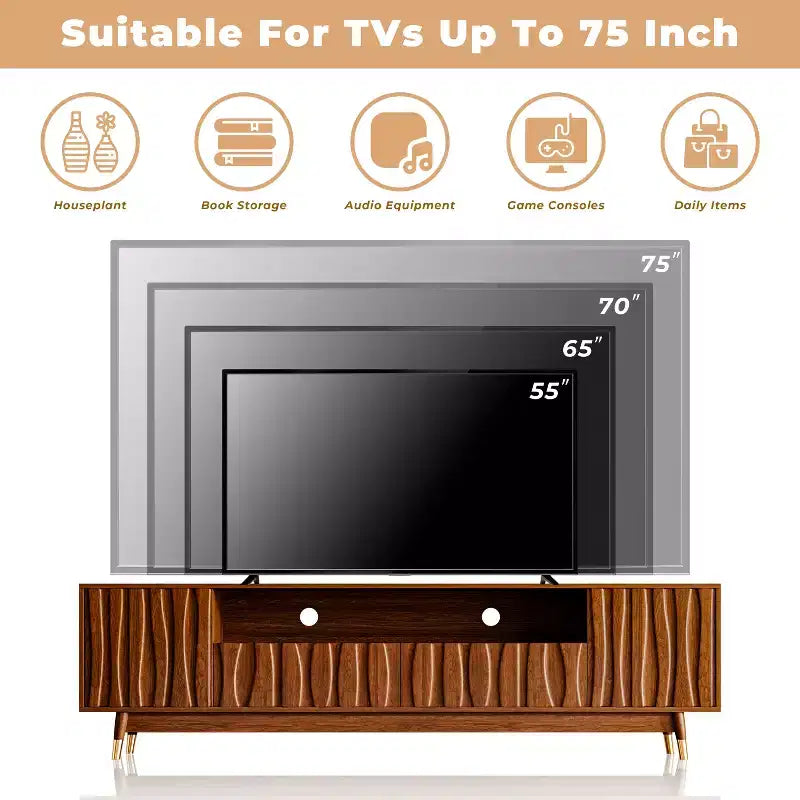 ATJafurn 55" Walnut Brown Mid-Century Modern TV Stand with Drawer, Cabinet and Open Shelf for TVs up to 55"