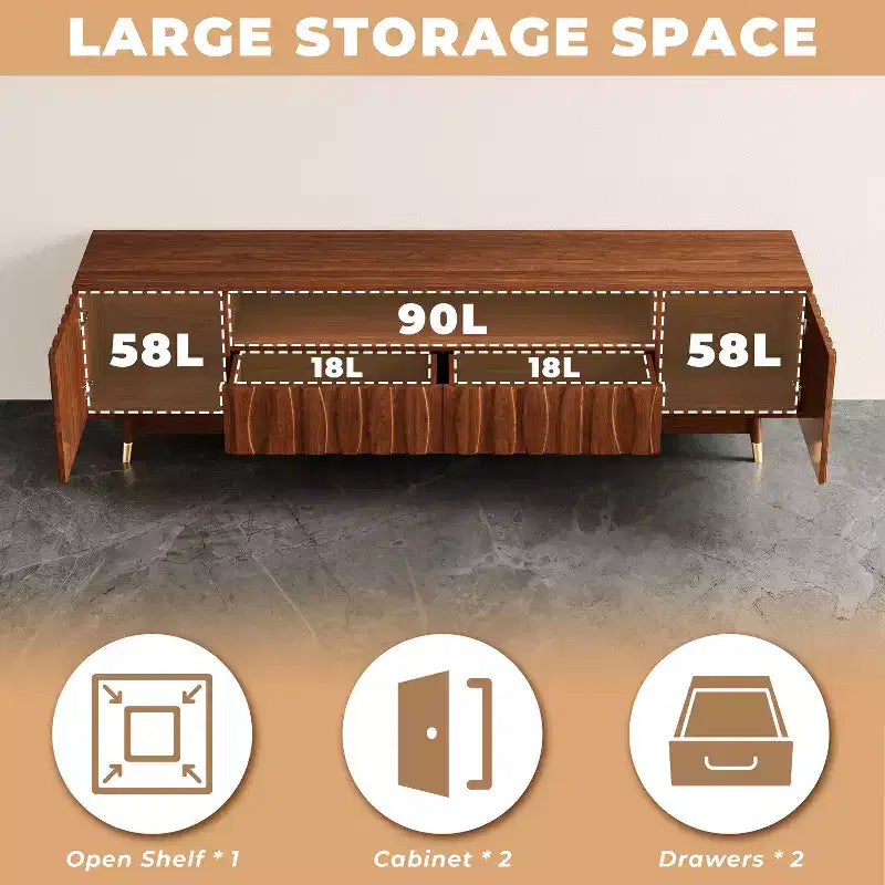 ATJafurn 55" Walnut Brown Mid-Century Modern TV Stand with Drawer, Cabinet and Open Shelf for TVs up to 55"
