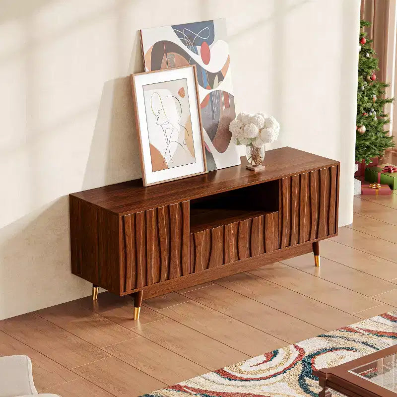 ATJafurn 55" Walnut Brown Mid-Century Modern TV Stand with Drawer, Cabinet and Open Shelf for TVs up to 55"