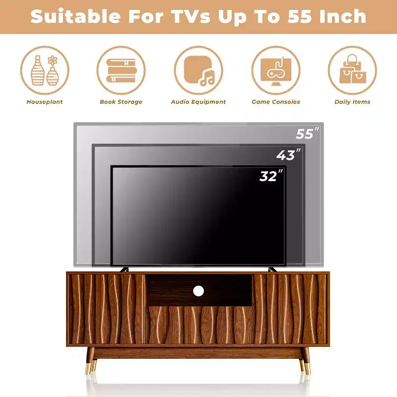 ATJafurn 55" Walnut Brown Mid-Century Modern TV Stand with Drawer, Cabinet and Open Shelf for TVs up to 55"