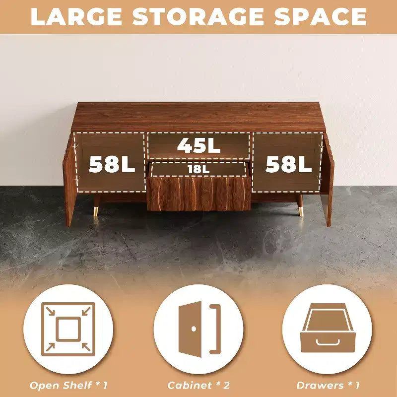 ATJafurn 55" Walnut Brown Mid-Century Modern TV Stand with Drawer, Cabinet and Open Shelf for TVs up to 55"