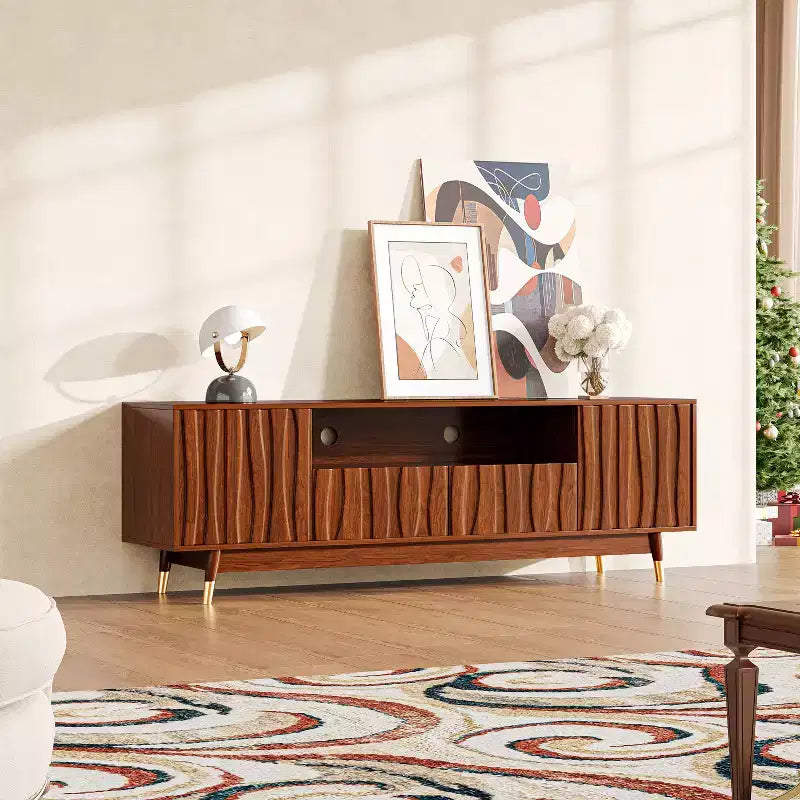 ATJafurn 55" Walnut Brown Mid-Century Modern TV Stand with Drawer, Cabinet and Open Shelf for TVs up to 55"