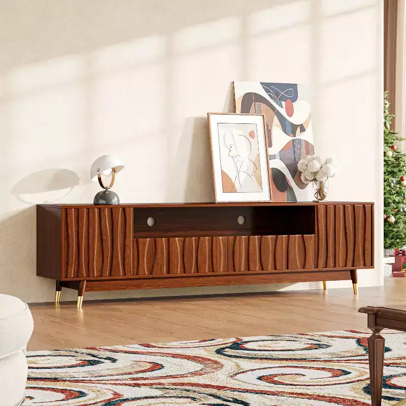 ATJafurn 55" Walnut Brown Mid-Century Modern TV Stand with Drawer, Cabinet and Open Shelf for TVs up to 55"