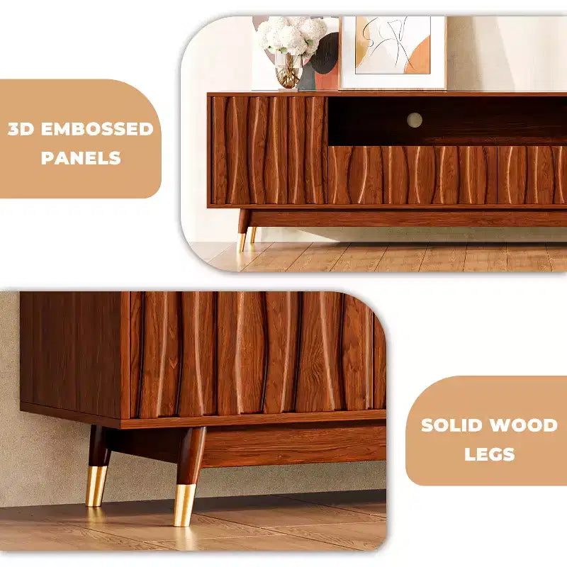 ATJafurn 55" Walnut Brown Mid-Century Modern TV Stand with Drawer, Cabinet and Open Shelf for TVs up to 55"