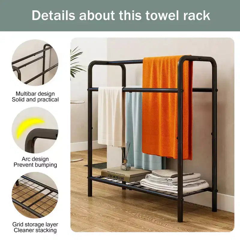 VIYET 30" 3-Tier Freestanding Metal Towel Rack in Black - Bathroom, Bedroom and Pool Organizer