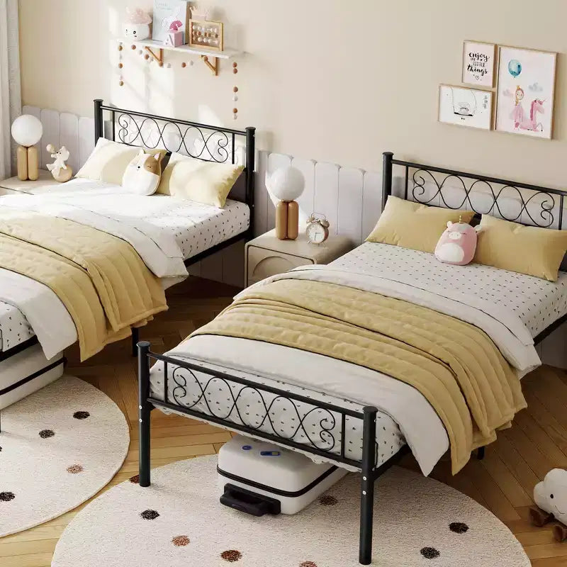 Black Twin XL Metal Platform Bed Frame with Heart-Design Headboard and Footboard - No Box Spring Needed