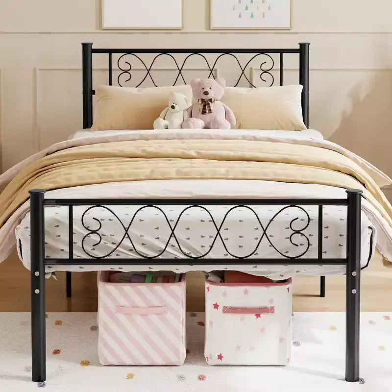 Black Twin XL Metal Platform Bed Frame with Heart-Design Headboard and Footboard - No Box Spring Needed