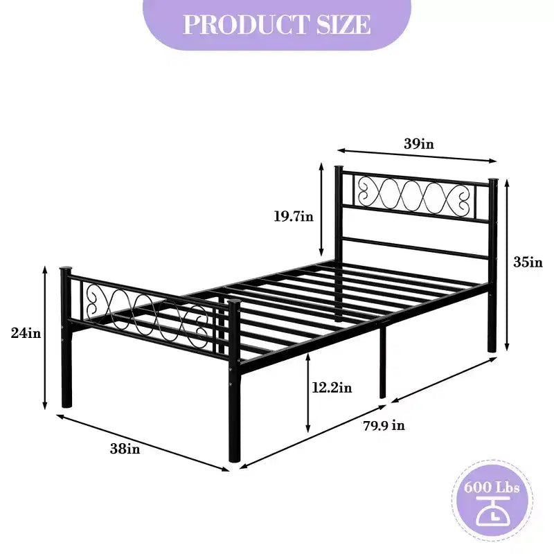 Black Twin XL Metal Platform Bed Frame with Heart-Design Headboard and Footboard - No Box Spring Needed