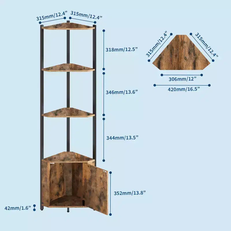 5-Tier Industrial Corner Bookshelf Stand for Bedroom, Living Room, Office, Kitchen and Bathroom