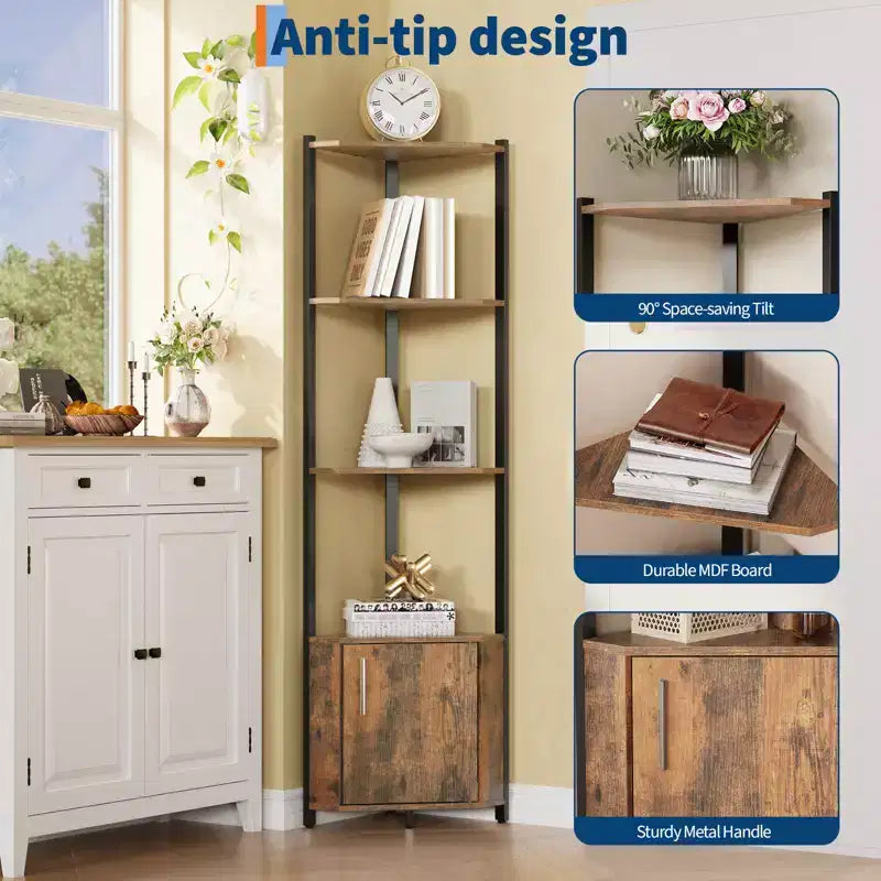 5-Tier Industrial Corner Bookshelf Stand for Bedroom, Living Room, Office, Kitchen and Bathroom