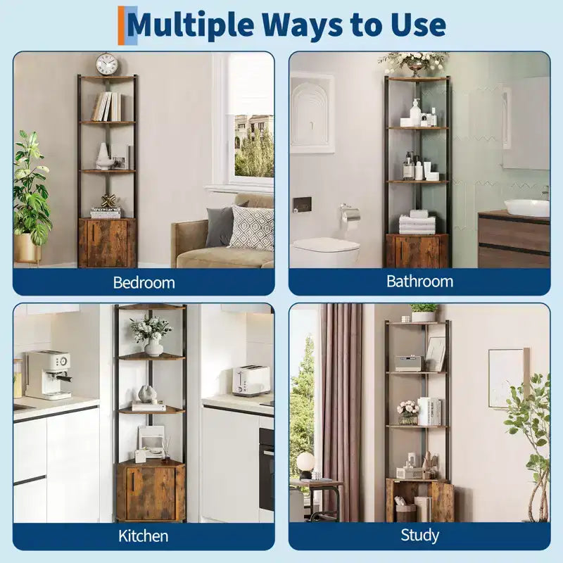 5-Tier Industrial Corner Bookshelf Stand for Bedroom, Living Room, Office, Kitchen and Bathroom