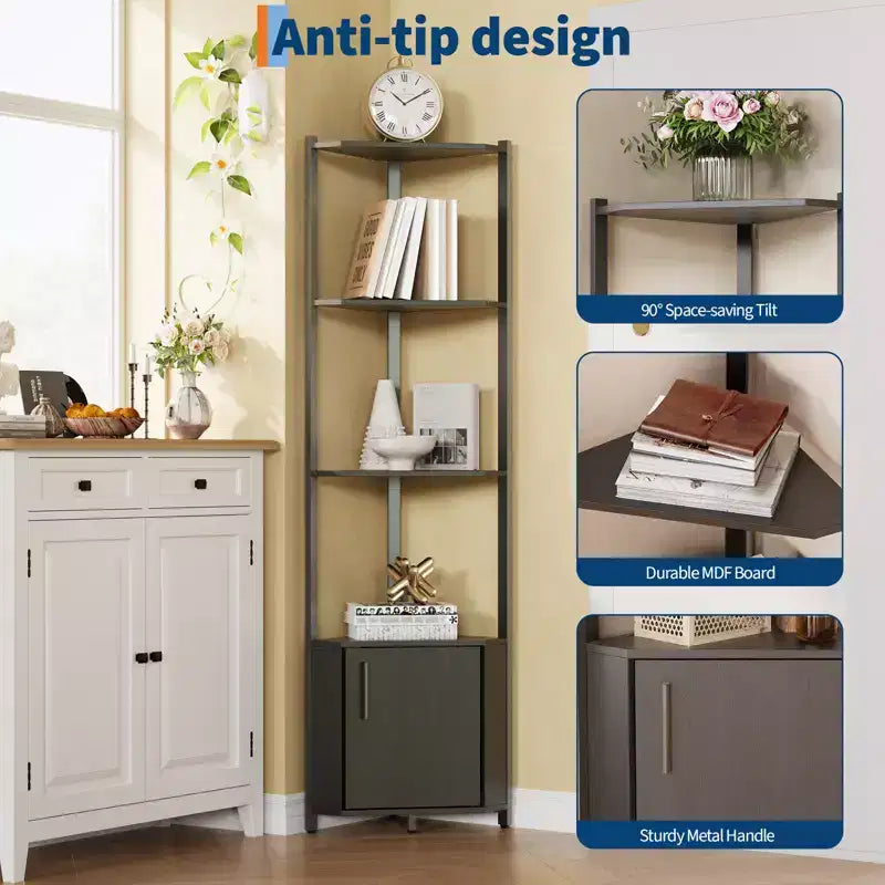 5-Tier Industrial Corner Bookshelf Stand for Bedroom, Living Room, Office, Kitchen and Bathroom