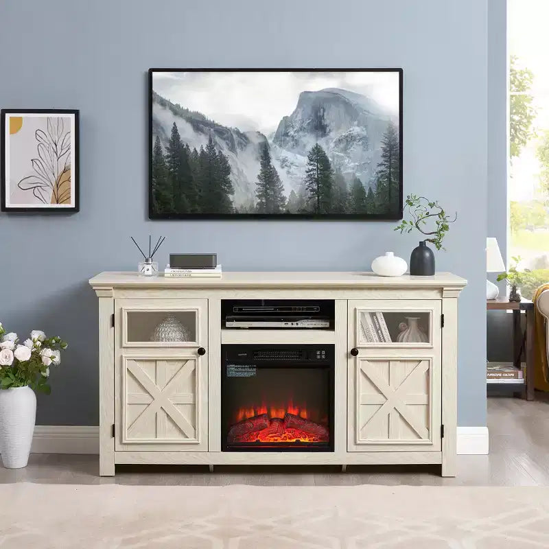 JVNOXK 60" Modern Farmhouse TV Media Stand with Double Barn-Style Doors - White