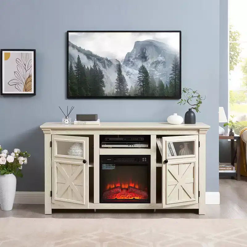 JVNOXK 60" Modern Farmhouse TV Media Stand with Double Barn-Style Doors - White
