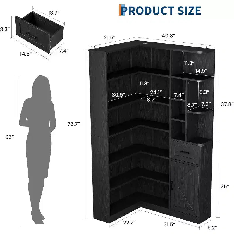 74" Tall L-Shaped Corner Bookshelf with 6 Open Shelves, Drawer and Cabinet - Modern Storage Bookcase