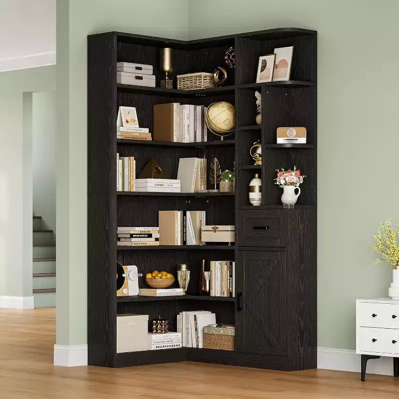 74" Tall L-Shaped Corner Bookshelf with 6 Open Shelves, Drawer and Cabinet - Modern Storage Bookcase