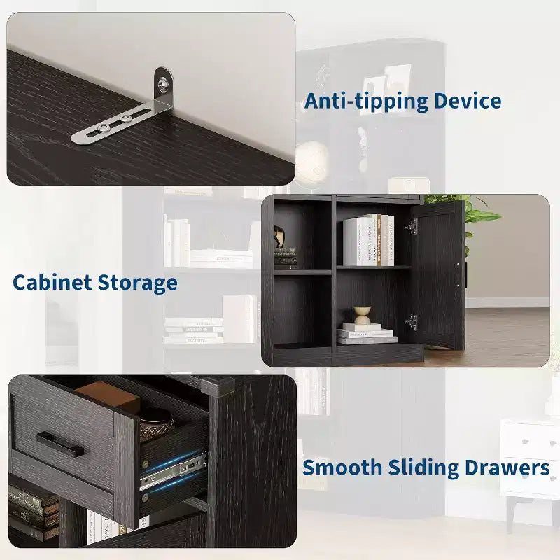 74" Tall L-Shaped Corner Bookshelf with 6 Open Shelves, Drawer and Cabinet - Modern Storage Bookcase