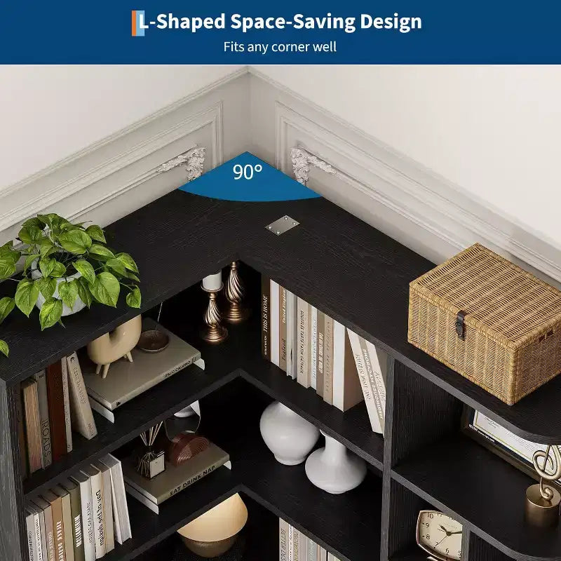 74" Tall L-Shaped Corner Bookshelf with 6 Open Shelves, Drawer and Cabinet - Modern Storage Bookcase