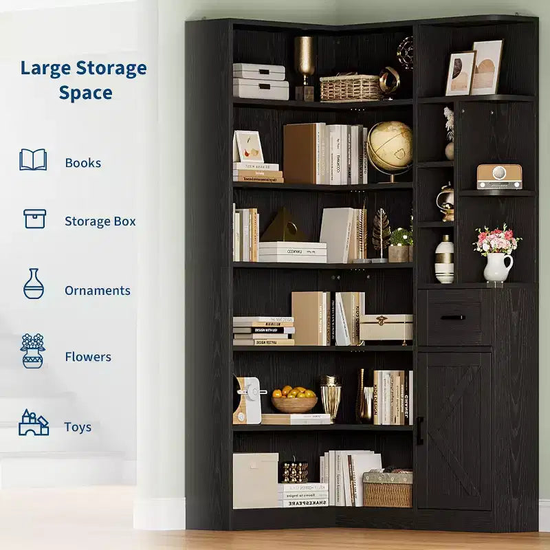 74" Tall L-Shaped Corner Bookshelf with 6 Open Shelves, Drawer and Cabinet - Modern Storage Bookcase