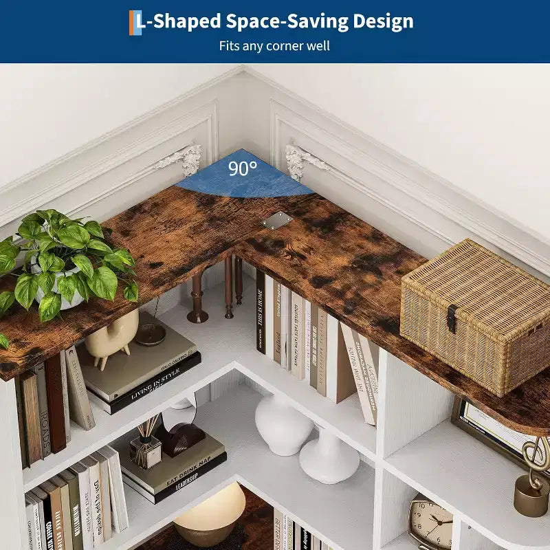 74" Tall L-Shaped Corner Bookshelf with 6 Open Shelves, Drawer and Cabinet - Modern Storage Bookcase