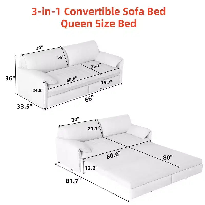 Whisen 3-in-1 Velvet Queen Sleeper Sofa Bed 66" with Side Storage Pockets