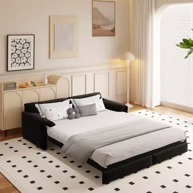 Whisen 3-in-1 Velvet Queen Sleeper Sofa Bed 66" with Side Storage Pockets