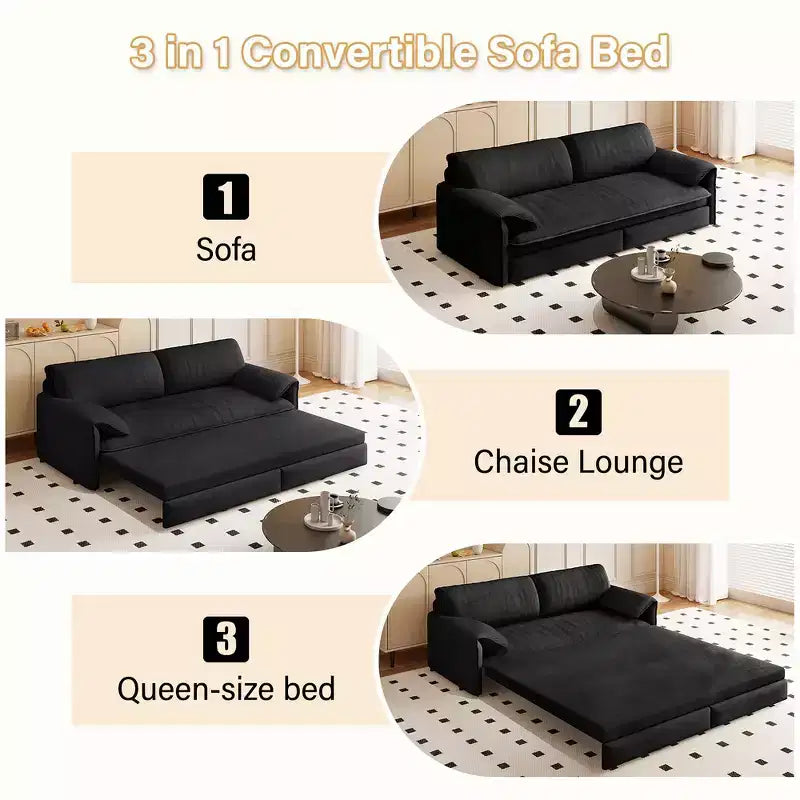 Whisen 3-in-1 Velvet Queen Sleeper Sofa Bed 66" with Side Storage Pockets