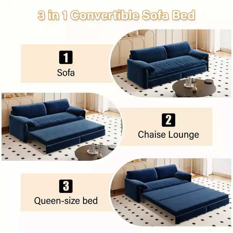 Whisen 3-in-1 Velvet Queen Sleeper Sofa Bed 66" with Side Storage Pockets