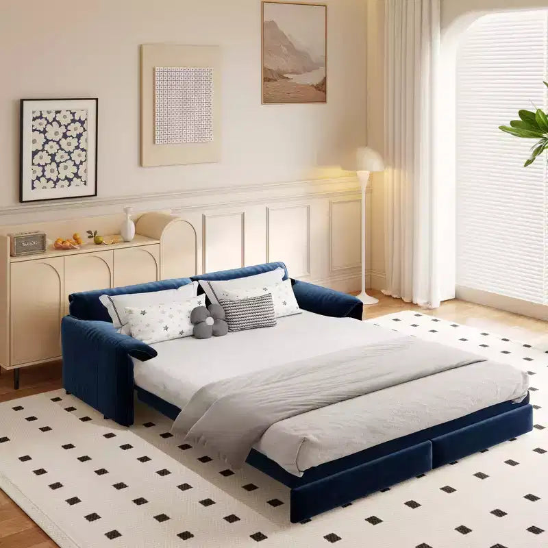 Whisen 3-in-1 Velvet Queen Sleeper Sofa Bed 66" with Side Storage Pockets