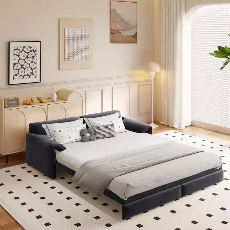 Whisen 3-in-1 Velvet Queen Sleeper Sofa Bed 66" with Side Storage Pockets