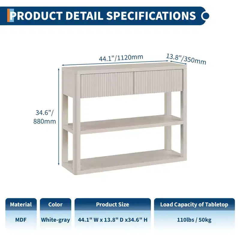 34.6" Tall Fluted Console Table with 3-Tier Shelves and 2 Drawers - White Grey