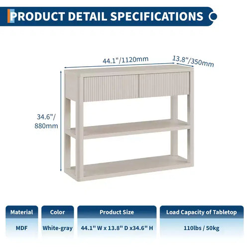 34.6" Tall Fluted Console Table with 3-Tier Shelves and 2 Drawers - White Grey