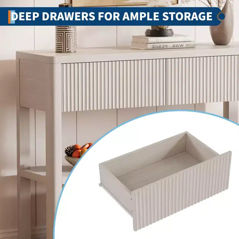 34.6" Tall Fluted Console Table with 3-Tier Shelves and 2 Drawers - White Grey