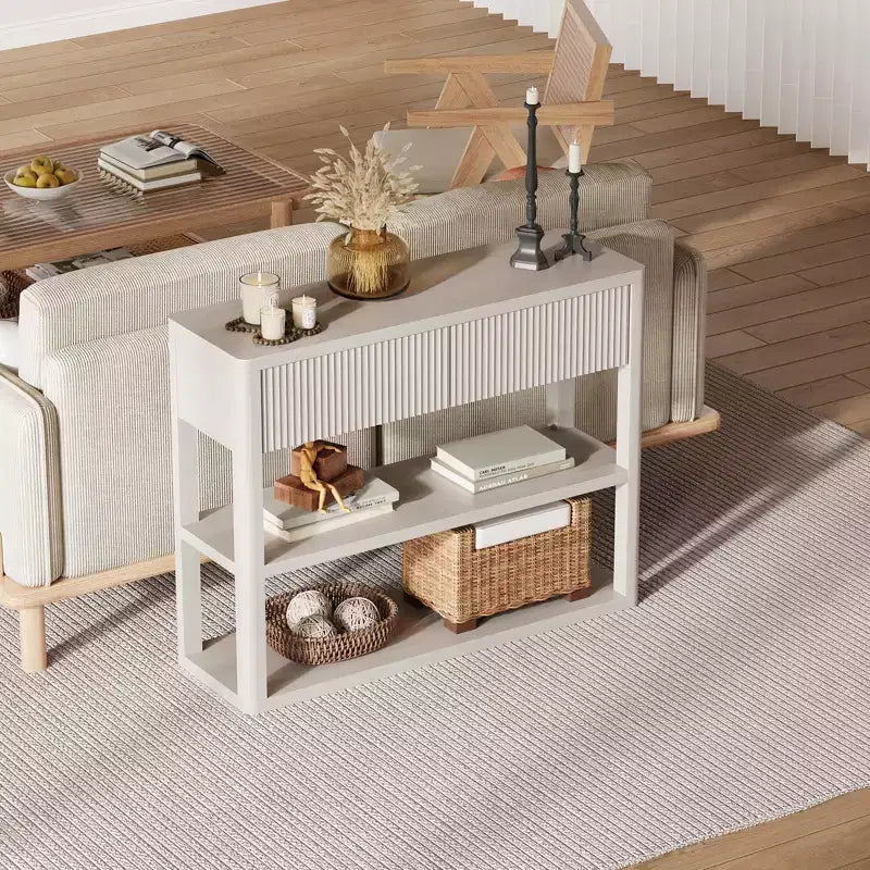 34.6" Tall Fluted Console Table with 3-Tier Shelves and 2 Drawers - White Grey