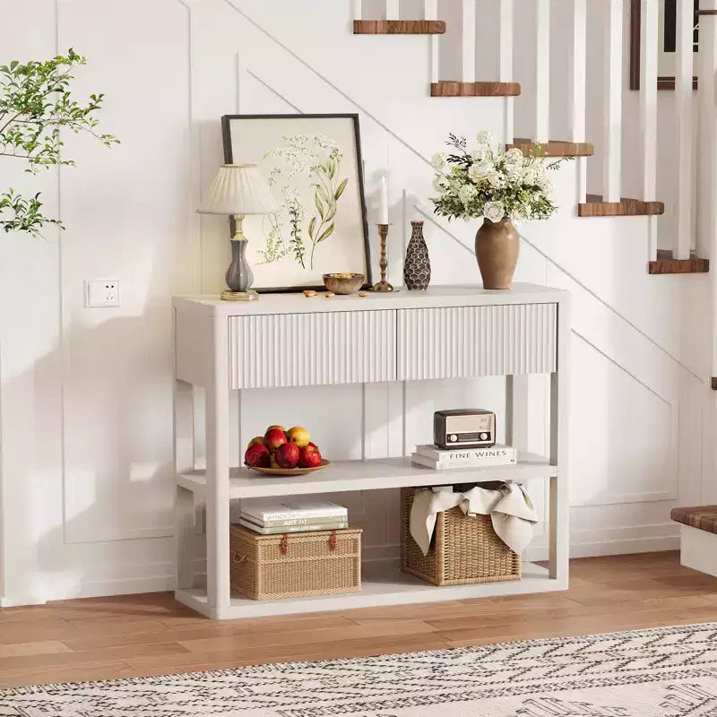34.6" Tall Fluted Console Table with 3-Tier Shelves and 2 Drawers - White Grey
