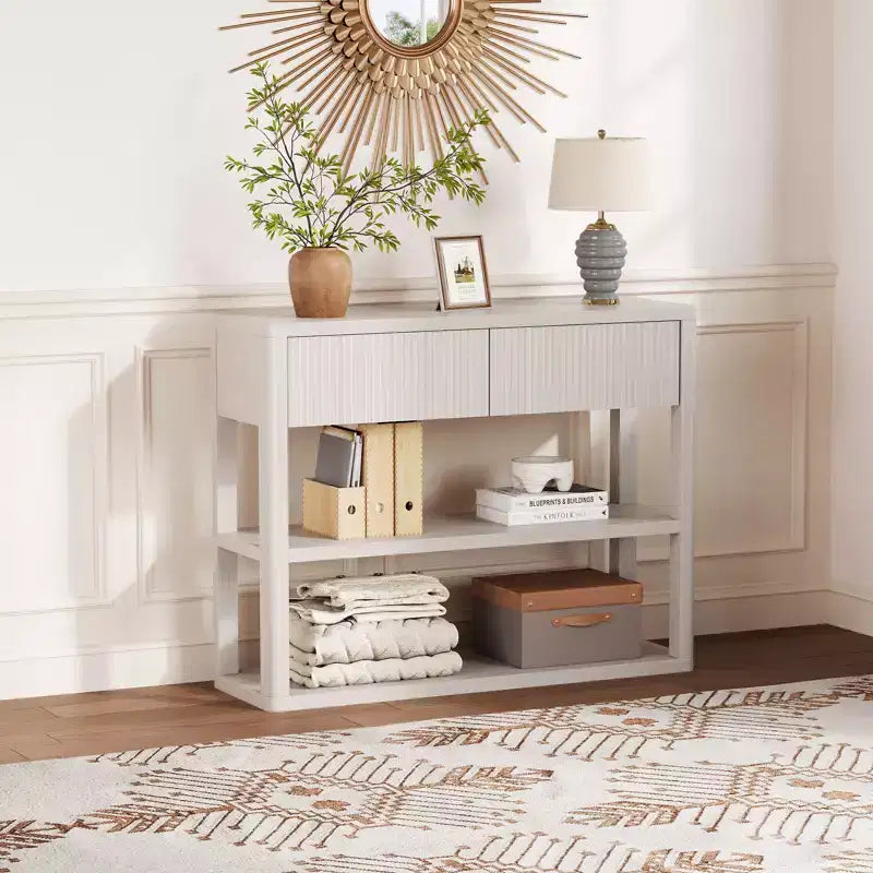34.6" Tall Fluted Console Table with 3-Tier Shelves and 2 Drawers - White Grey