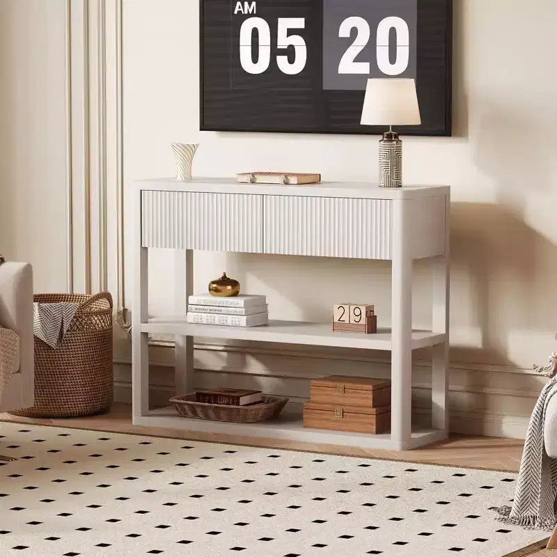 34.6" Tall Fluted Console Table with 3-Tier Shelves and 2 Drawers - White Grey