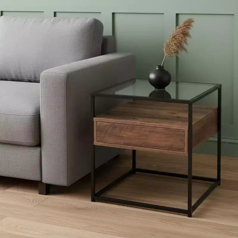 HomeRoots 22" Black Glass and Iron Square End Table with Drawer and Shelf