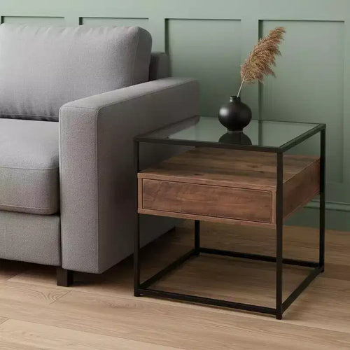 22" Black Glass and Iron Square End Table with Drawer and Shelf