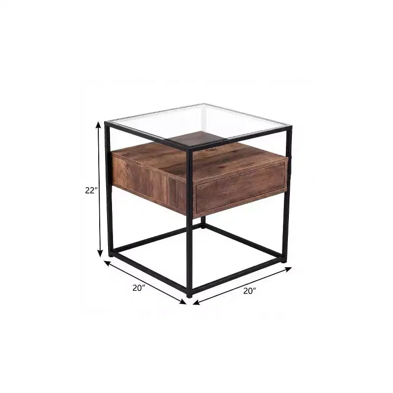 HomeRoots 22" Black Glass and Iron Square End Table with Drawer and Shelf