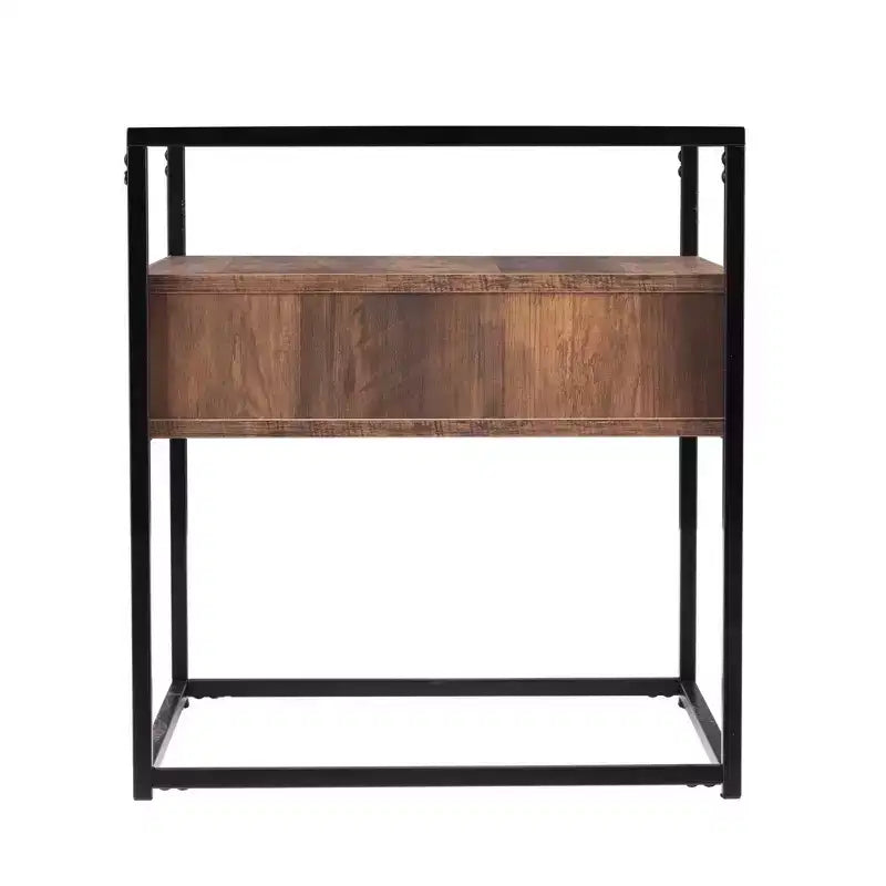 HomeRoots 22" Black Glass and Iron Square End Table with Drawer and Shelf