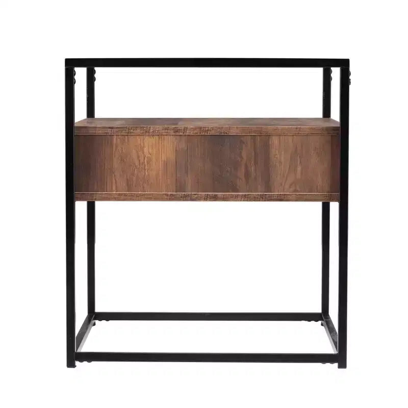 HomeRoots 22" Black Glass and Iron Square End Table with Drawer and Shelf