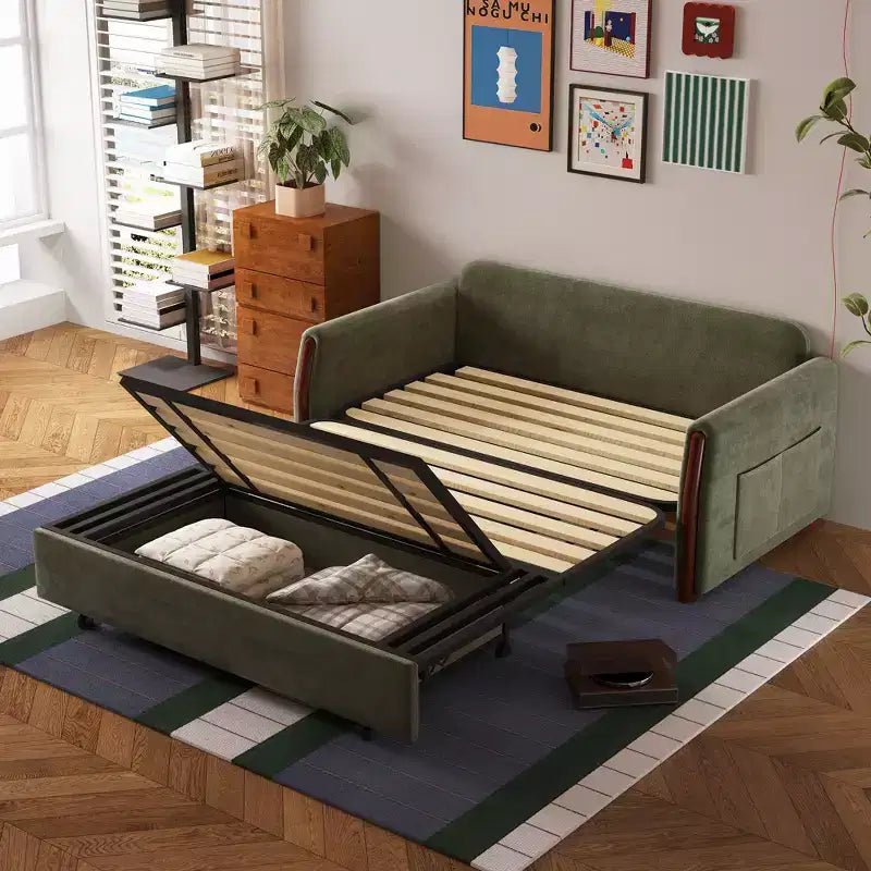 Luck Live 62.9" Convertible Fabric Sofa Bed with Storage and Solid Wood Trim