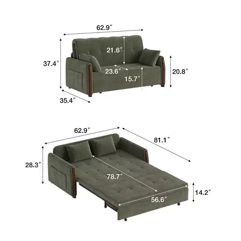 Luck Live 62.9" Convertible Fabric Sofa Bed with Storage and Solid Wood Trim