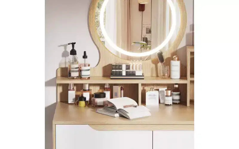 JVNOXK Vanity Dressing Table with 3 Height-Adjustable Lighted Mirrors, 4 Drawers and 3 Open Shelves