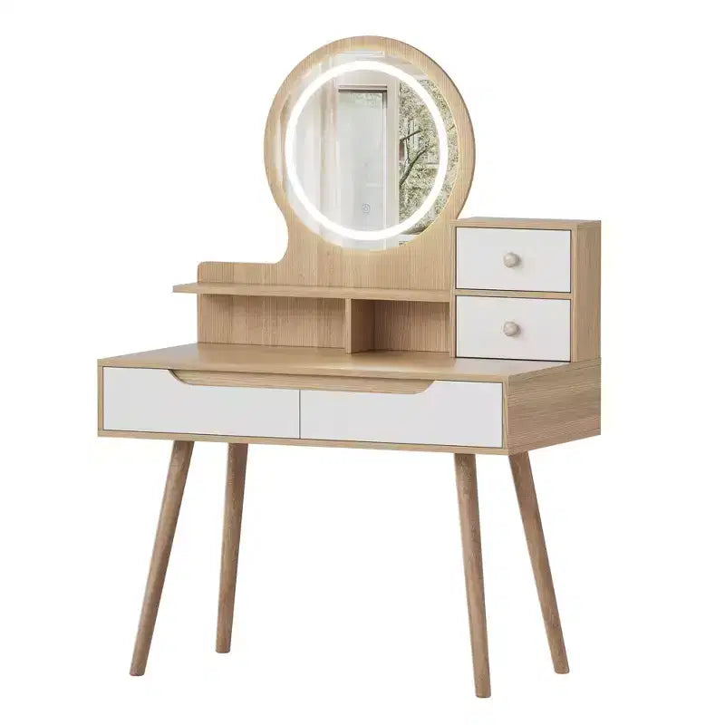 JVNOXK Vanity Dressing Table with 3 Height-Adjustable Lighted Mirrors, 4 Drawers and 3 Open Shelves