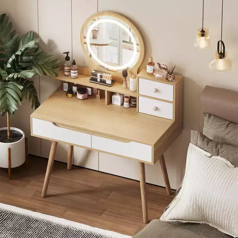 JVNOXK Vanity Dressing Table with 3 Height-Adjustable Lighted Mirrors, 4 Drawers and 3 Open Shelves