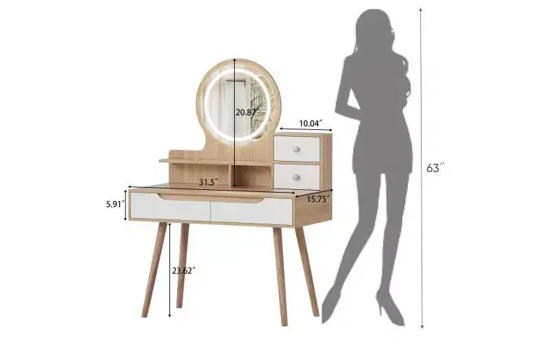 JVNOXK Vanity Dressing Table with 3 Height-Adjustable Lighted Mirrors, 4 Drawers and 3 Open Shelves