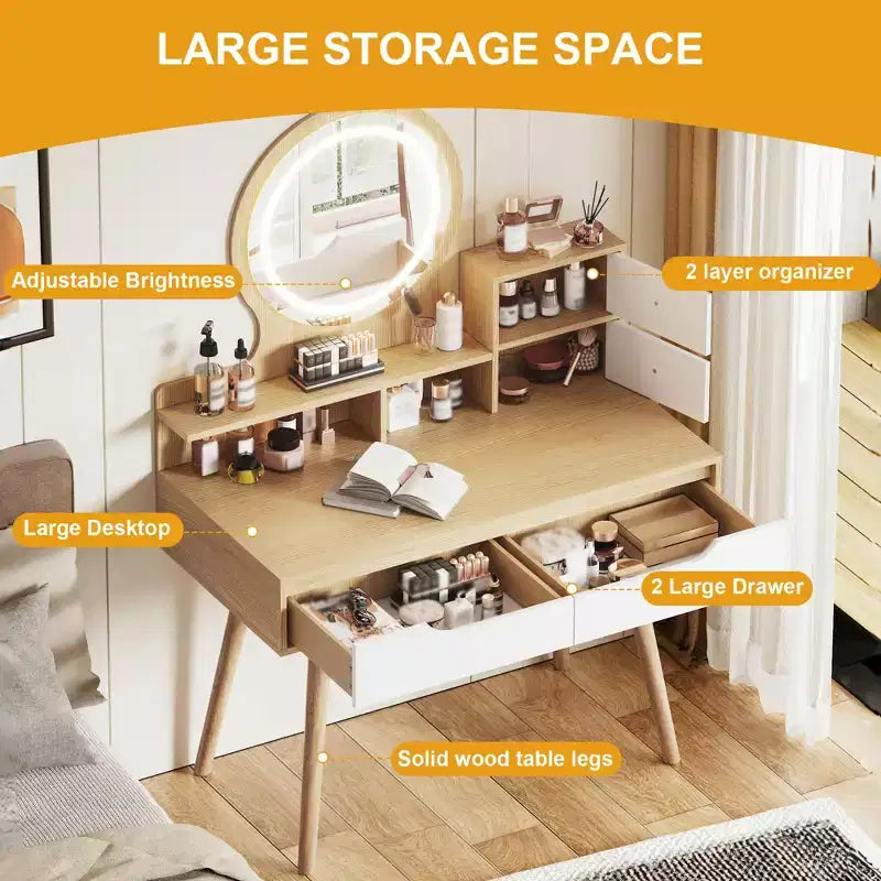 JVNOXK Vanity Dressing Table with 3 Height-Adjustable Lighted Mirrors, 4 Drawers and 3 Open Shelves