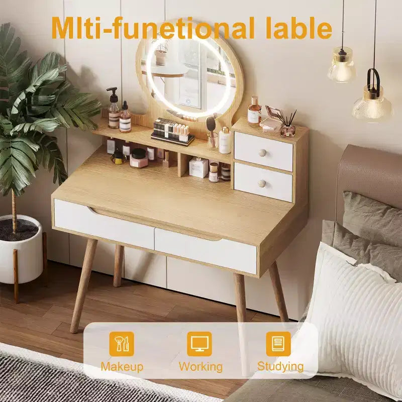 JVNOXK Vanity Dressing Table with 3 Height-Adjustable Lighted Mirrors, 4 Drawers and 3 Open Shelves